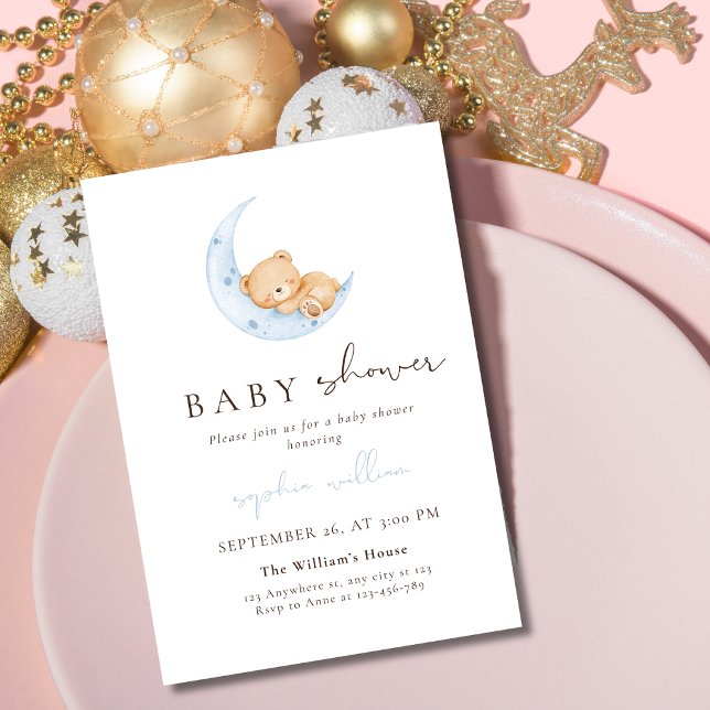 Sovande teddybjörn på blå månads baby shower inbjudningar (Skapare uppladdad)