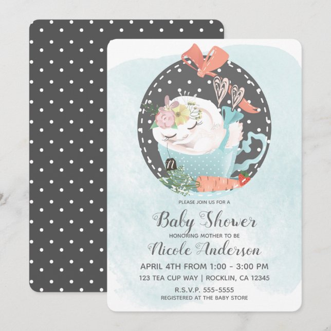 Sovande Tekopp Kanin Påsk Bebis Baby Shower Inbjudningar (Fram/baksida)