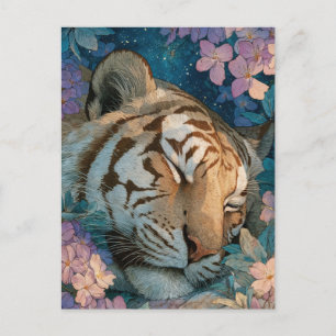 Sovande Tiger i Lila Blommig Trädgård Vykort