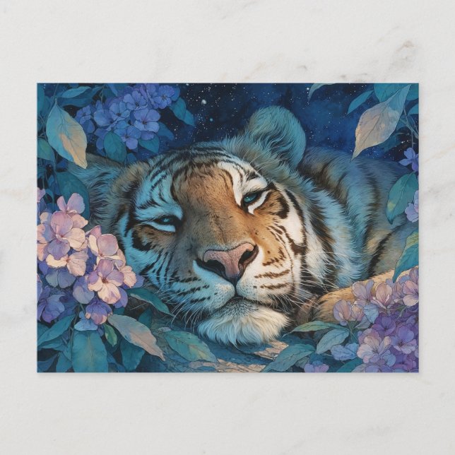Sovande Tiger i Lila Blommig Trädgård Vykort (Framsida)