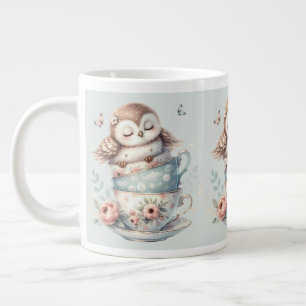 Sovande uggla i staplade blomsterteekoppar jumbo mugg