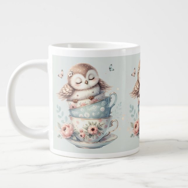 Sovande uggla i staplade blomsterteekoppar jumbo mugg (Vänster)