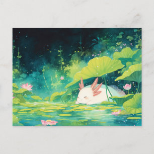 Sovande Vit Axolotl i Magisk Tropisk Damm Vykort