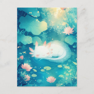 Sovande vit axolotl i solig lotus-damm vykort