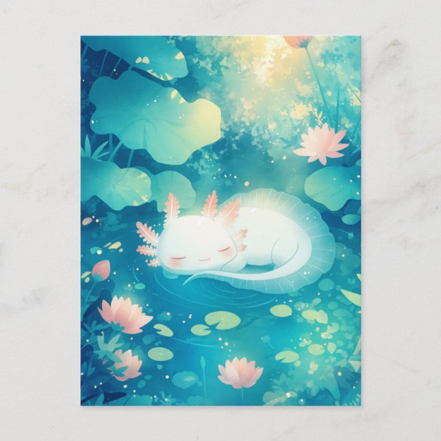 Sovande vit axolotl i solig lotus-damm vykort (Framsida)