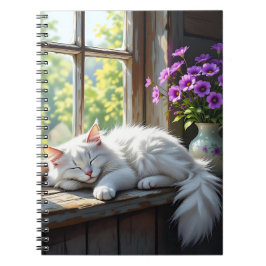 Sovande vit katt och lila blommor anteckningsbok