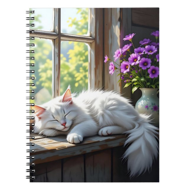 Sovande vit katt och lila blommor  anteckningsbok (Framsidan)