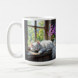 Sovande vit katt och lila blommor kaffemugg