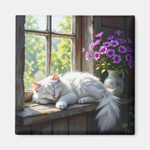 Sovande vit katt och lila blommor magnet