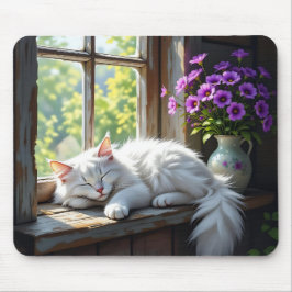Sovande vit katt och lila blommor musmatta