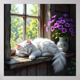 Sovande vit katt och lila blommor poster