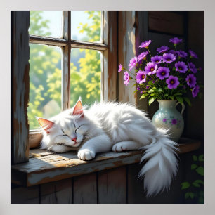 Sovande vit katt och lila blommor poster