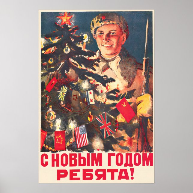 Soviet WWII Happy New Year Propaganda Poster, Red Poster (Framsidan)