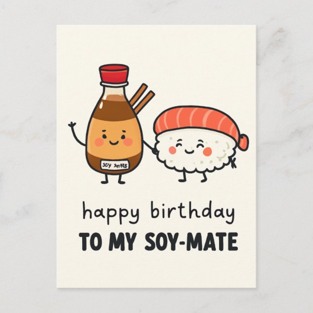 Soy-Mate Birthday Card – Cute Sushi & Soy Sauce  Vykort (Framsida)