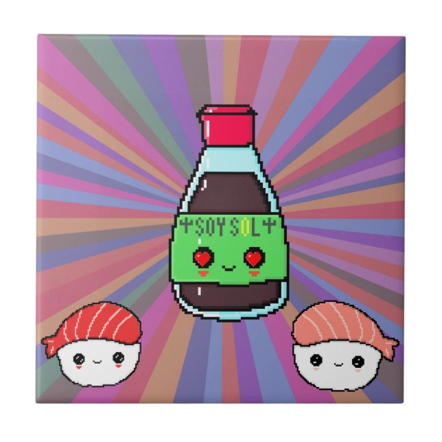 Soy sauce och sushi kawaii pixel art rainbow kakelplatta (Framsidan)