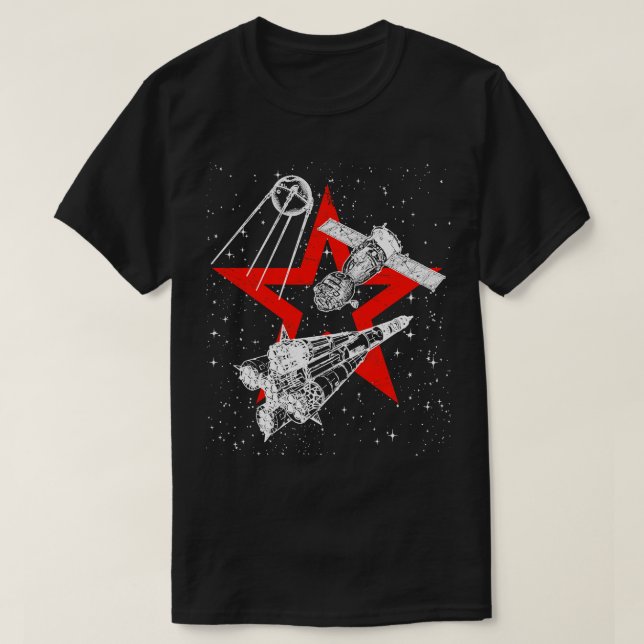 Soyuz raketer Soyuz rymdfarkoster Sputnik satellit T Shirt (Design framsida)