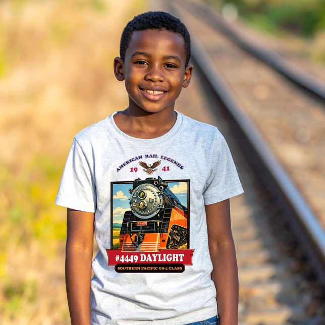 SP GS-4 Daylight 4449 Ånglok Retrotryck T Shirt (SP GS-4 Daylight 4449 Steam Locomotive Retro Print. Boy Basic White T-Shirt)
