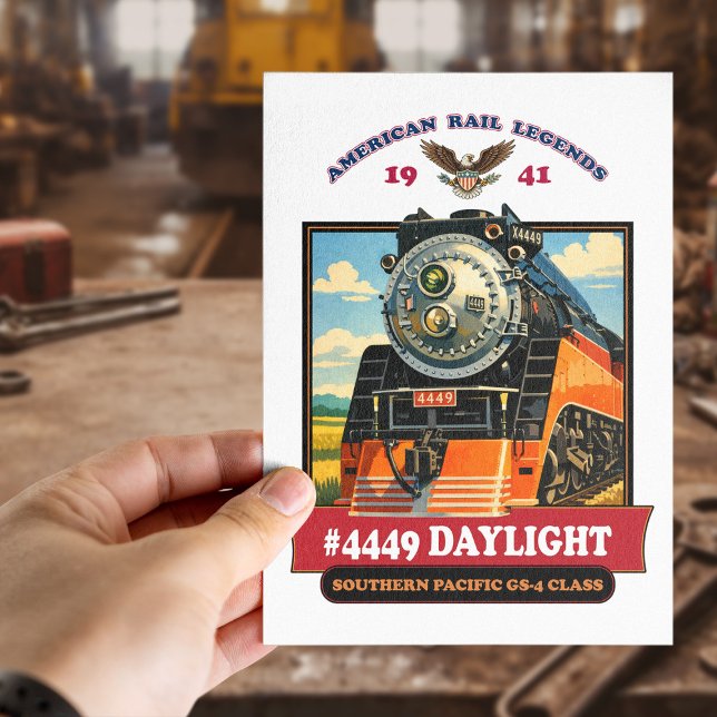 SP GS-4 Daylight 4449 Ånglok Retrotryck Vykort (SP GS-4 Daylight 4449 Steam Locomotive Retro Print. Postcard)