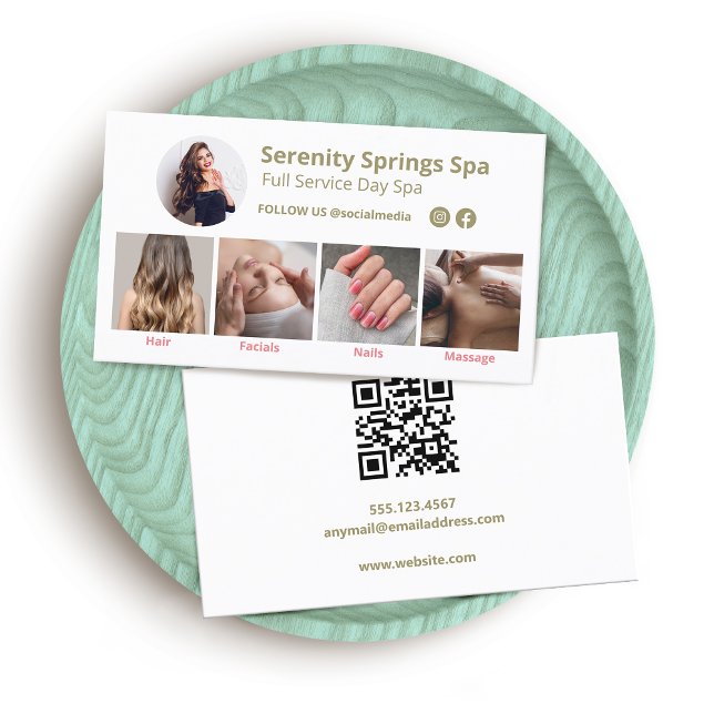 Spa 4 Photo Social Media QR-kod Visitkort (social media networking photo grid business cards with circle profile window and  qr code )