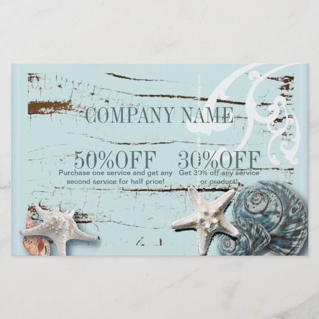 SPA akvablå strand trä sjöstjärna snigelskal Flygblad (Framsidan)