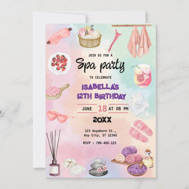 Spa Birthday, alla åldrar, födelsedag, Spa Party Inbjudningar (Framsida)