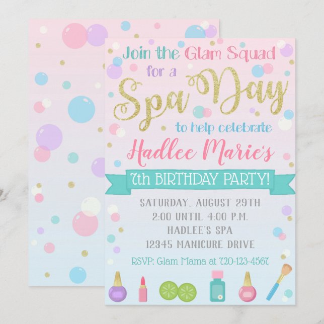 Spa Birthday-inbjudan Spa Party Inbjudningar (Fram/baksida)
