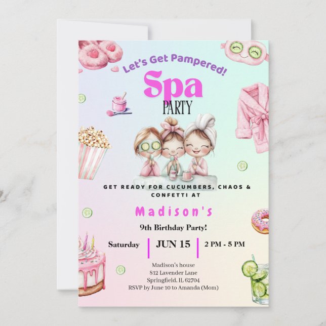 Spa Birthday Invitation • Pamper Party Invite Inbjudningar (Framsida)