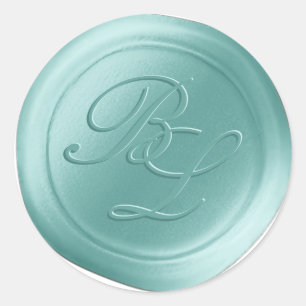 Spa Blue Dubbla Monogram Faux Vax Seal Stickers Runt Klistermärke