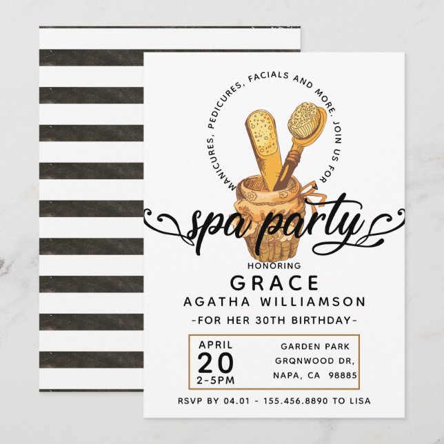 Spa Day Vintage Birthday Inbjudningar (Fram/baksida)