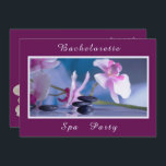Spa Decorations Bachelorette Spa Day Inbjudningar<br><div class="desc">Pretty sophisticated and modern, fashionable Bachelorette Spa Day invitation. With a pretty printed image of tropical orchid flowers and massage stones and your event title on a pretty coloured background. The reverse has a printed image of a tower of massage stones on a matching stylish, classy coloured background and your...</div>