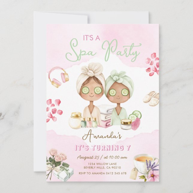 Spa-fest rosa flickfödelsedagsinbjudan inbjudningar (Framsida)