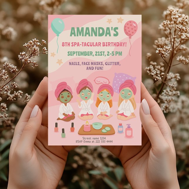 Spa-Födelsedagsfest för Girls Rosa Pampe Inbjudningar (Skapare uppladdad)