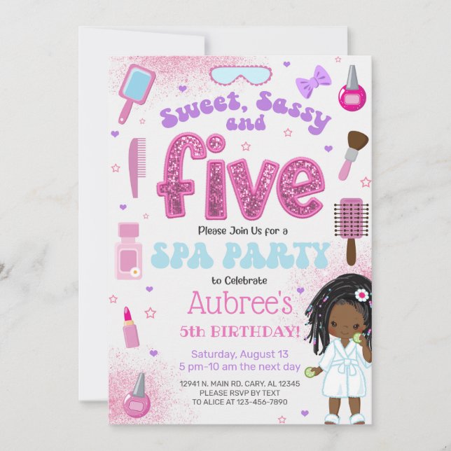 SPA, girl 5th birthday party invite, 5 year old. Inbjudningar (Framsida)