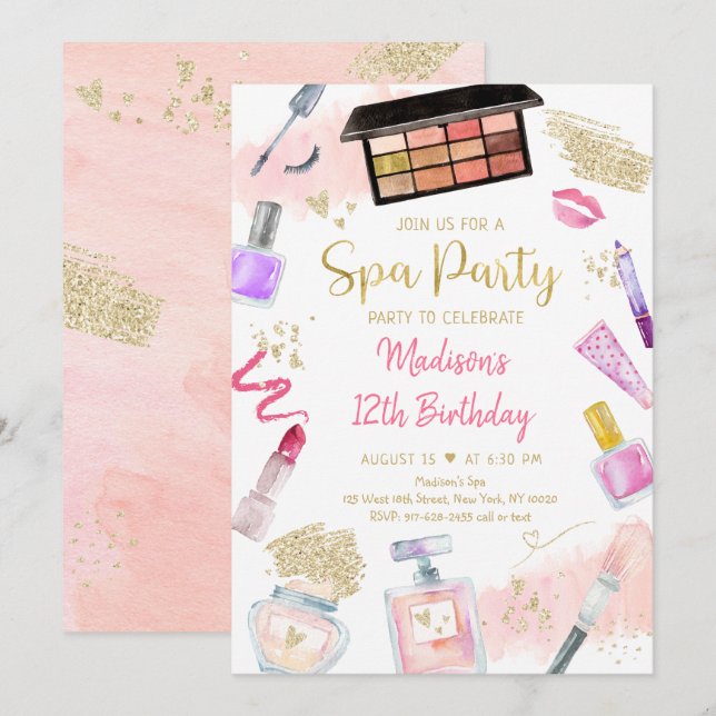 Spa Glitz & Glam Rosa Guld Birthday Inbjudningar (Fram/baksida)