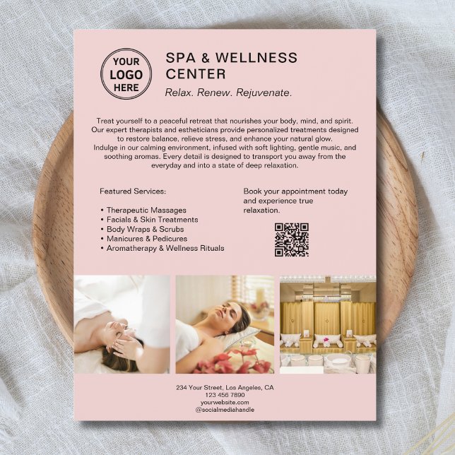 Spa Hälsa Center Anpassningsbar Logotyp QR Rosa Bu Reklamblad (Spa Wellness Center Custom Logo QR Pink Business Flyer)