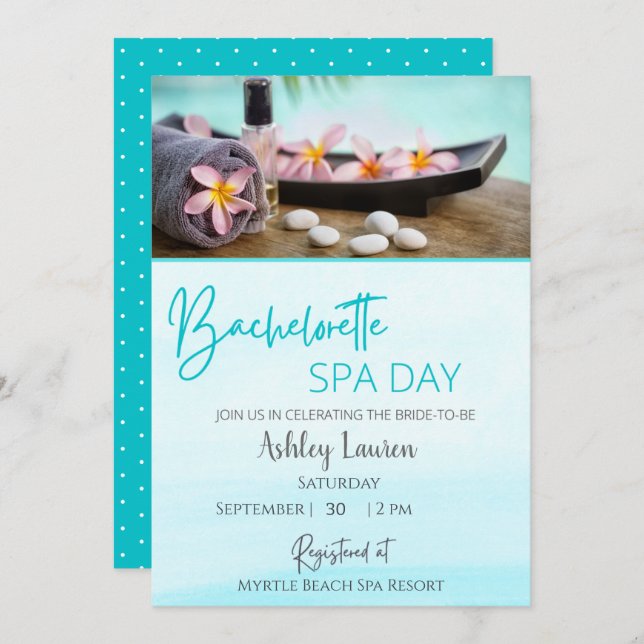 Spa-inbjudan för möhippa i blåton inbjudningar (Fram/baksida)