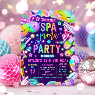 Spa-Jama Neon Spa och Sleepover Födelsedagsfest Inbjudningar