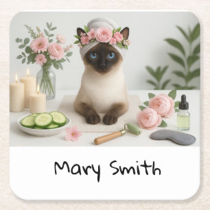 Spa Katt Birthday tema med blommor Underlägg Papper Kvadrat