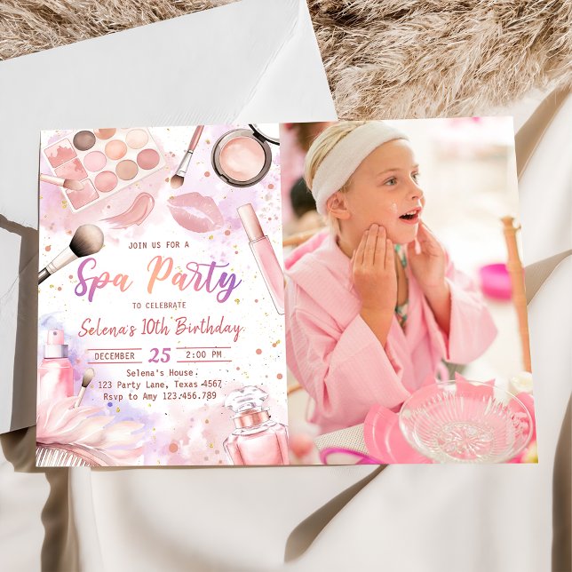 Spa Makeup Birthday Rosa Glitz & Glam Party Photo Inbjudningar (Skapare uppladdad)