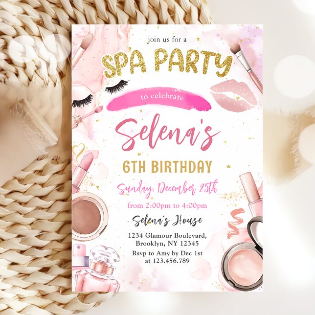 Spa Makeup Födelsedagsfest Rosa Glitz & Glam Party Inbjudningar (Skapare uppladdad)