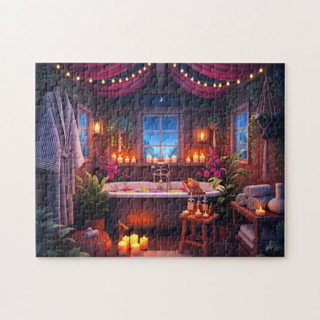 Spa Night Starlit Serenity Cozy Bath Scene Pussel (Horisontell)