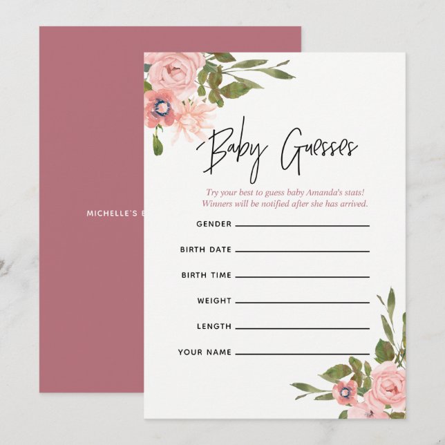 Spå om bebis - spel med blommande rosé och roségul inbjudningar (Fram/baksida)