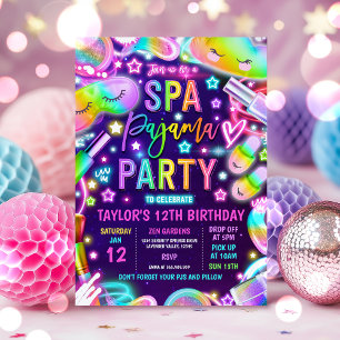 Spa Pajama Neon Spa och Sleepover Födelsedagsfest Inbjudningar