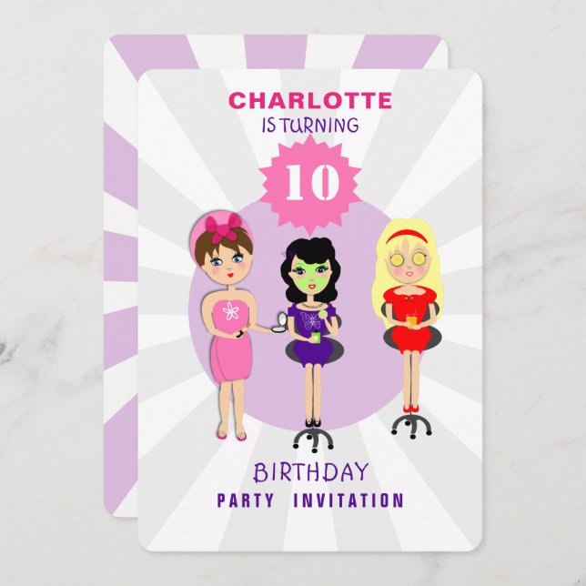 Spa Pamper Girly Kids Cute Birthday Party Invitati Inbjudningar (Fram/baksida)