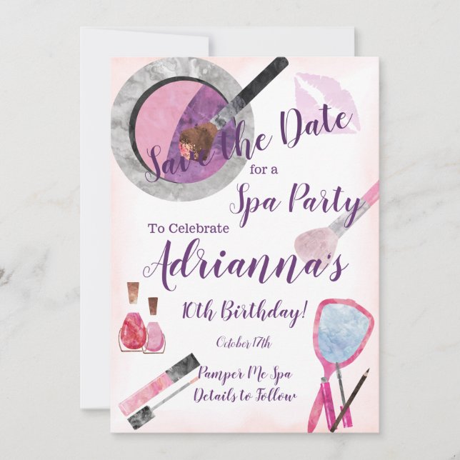 Spa Party-inbjudan, redigerbar 10:e födelsedag Spara Datumet (Framsida)