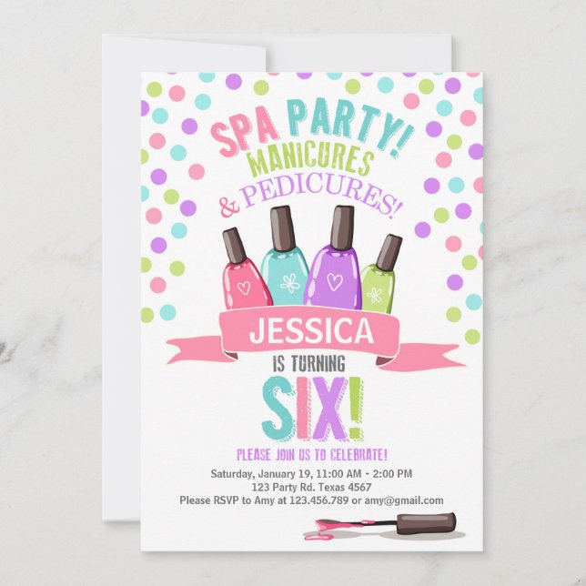 Spa Party Rosa Lila födelsedagsinbjudan Sex Inbjudningar (Framsida)