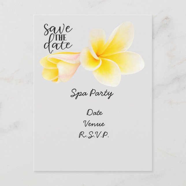 Spa party sparar datumet med Plumeria Flower Vykort (Framsida)