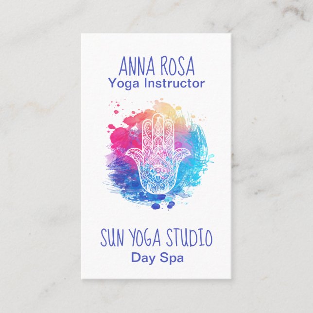 *~* Spa Watercolor Hamsa Hand Yoga Visitkort (Framsida)