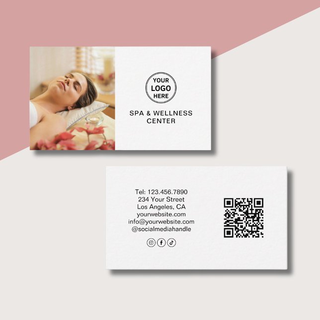 Spa Wellness Center Anpassad logotyp Foto QR Vit Visitkort (Spa Wellness Center Custom Logo Photo QR White Business Card)
