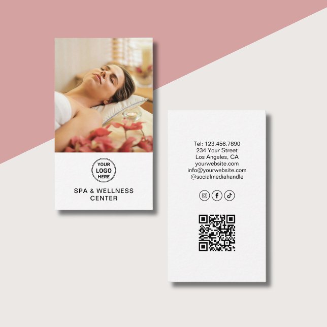 Spa Wellness Center Anpassad logotyp Foto QR Vit Visitkort (Spa Wellness Center Custom Logo Photo QR White Business Card)